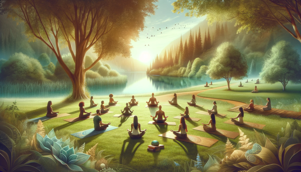 A tranquil scene of a yoga meditation session, symbolizing stress management and spiritual alignment
