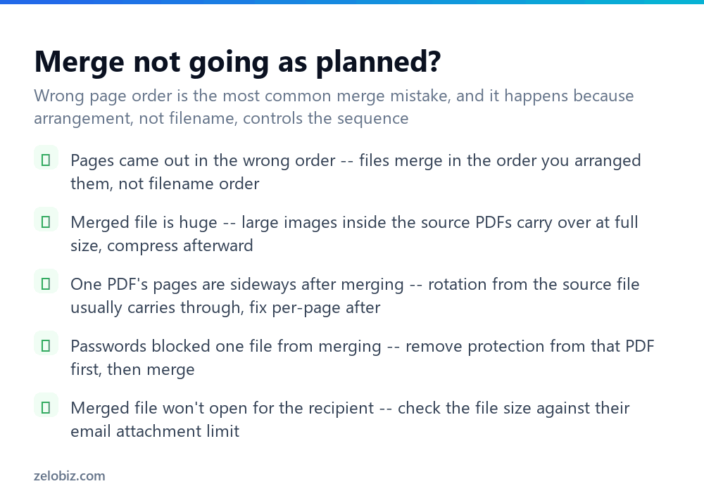 Checklist for fixing common problems when merging PDF files