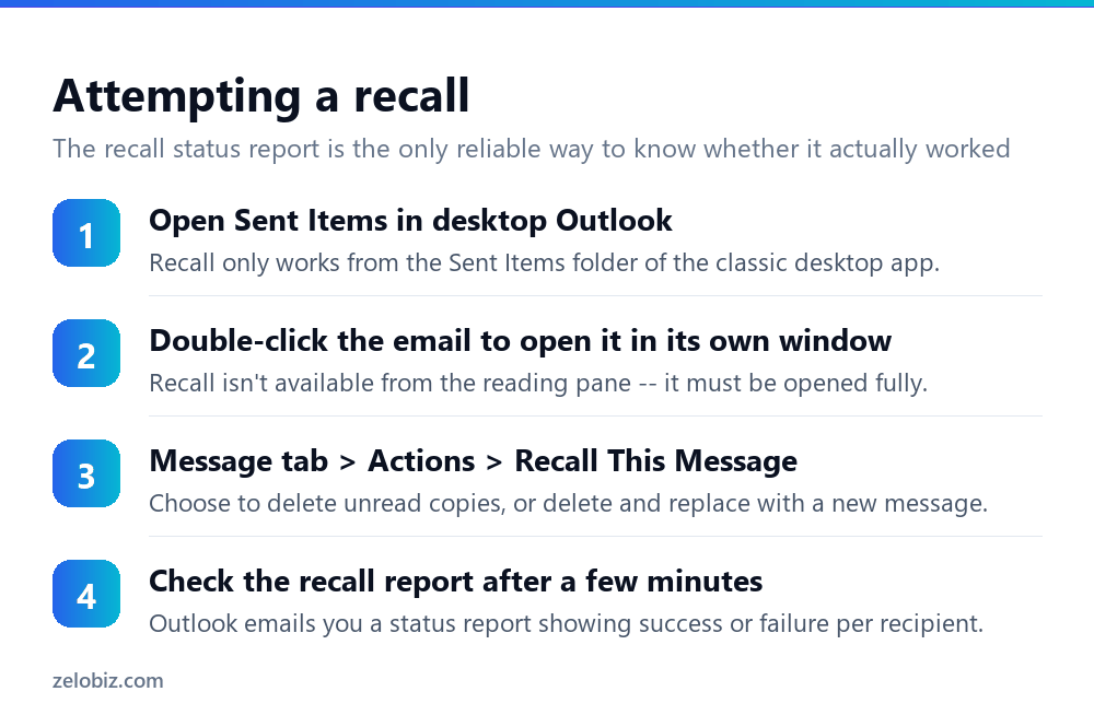 How to Recall an Email in Outlook (And When It Actually Works) 3 Steps to attempt recalling a sent email in Outlook