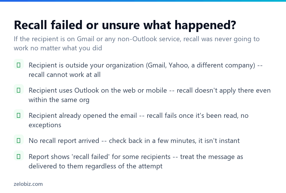How to Recall an Email in Outlook (And When It Actually Works) 4 Checklist for understanding why an Outlook email recall failed