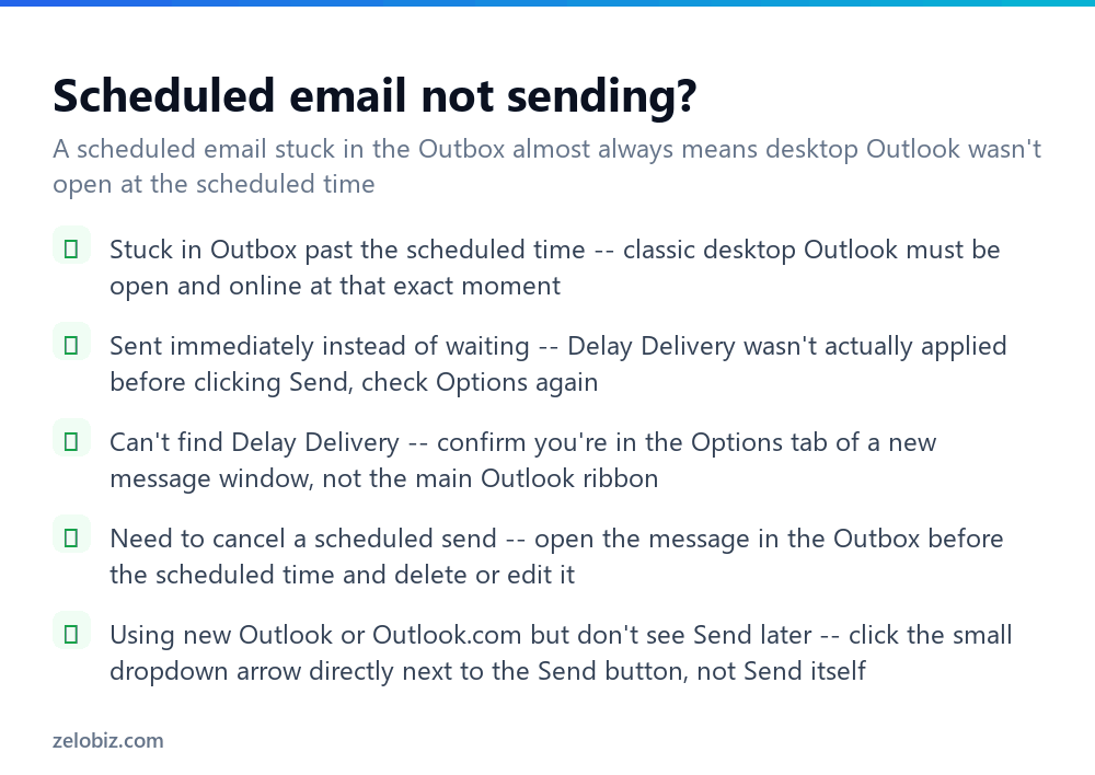 How to Schedule an Email in Outlook (Desktop and Web) 4 Checklist for fixing problems with scheduled emails in Outlook
