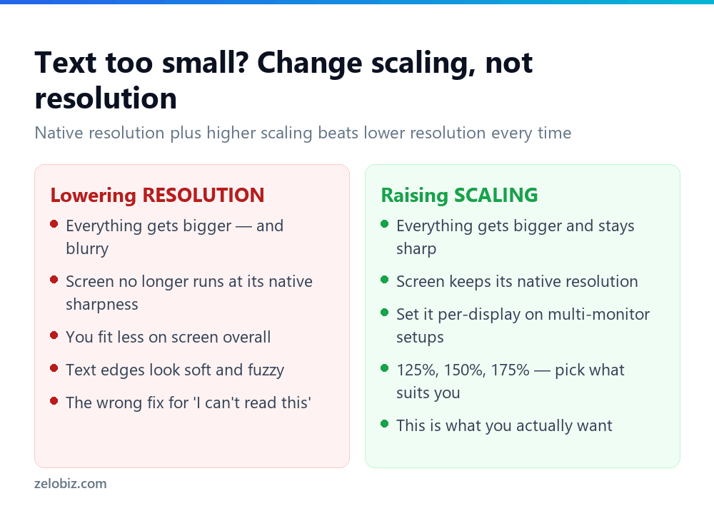 How to Change Screen Resolution (And When Not To) 2 Comparison of lowering screen resolution versus increasing display scaling in Windows