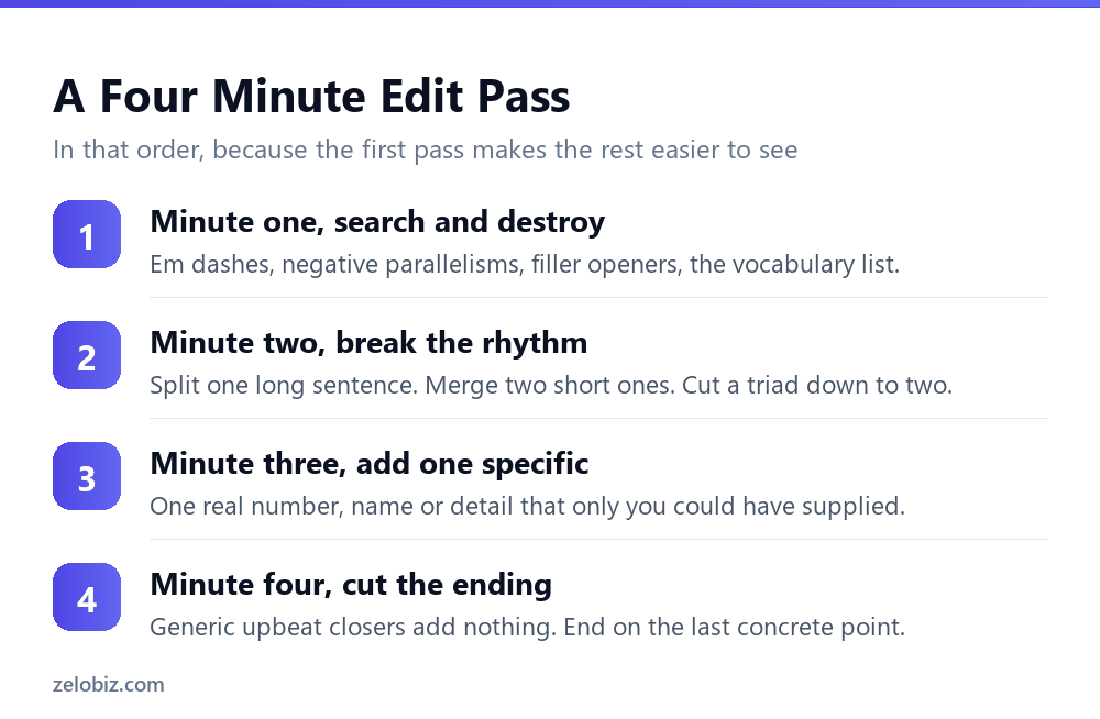 Make AI Writing Sound Human: What Gives It Away 5 A four minute edit pass for making AI writing sound human