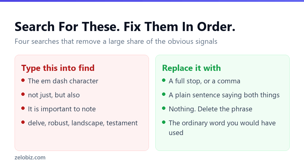 Make AI Writing Sound Human: What Gives It Away 3 Four search and replace fixes for the most obvious AI writing tells