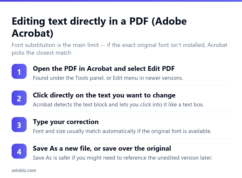 Steps to edit text directly inside a PDF using Adobe Acrobat