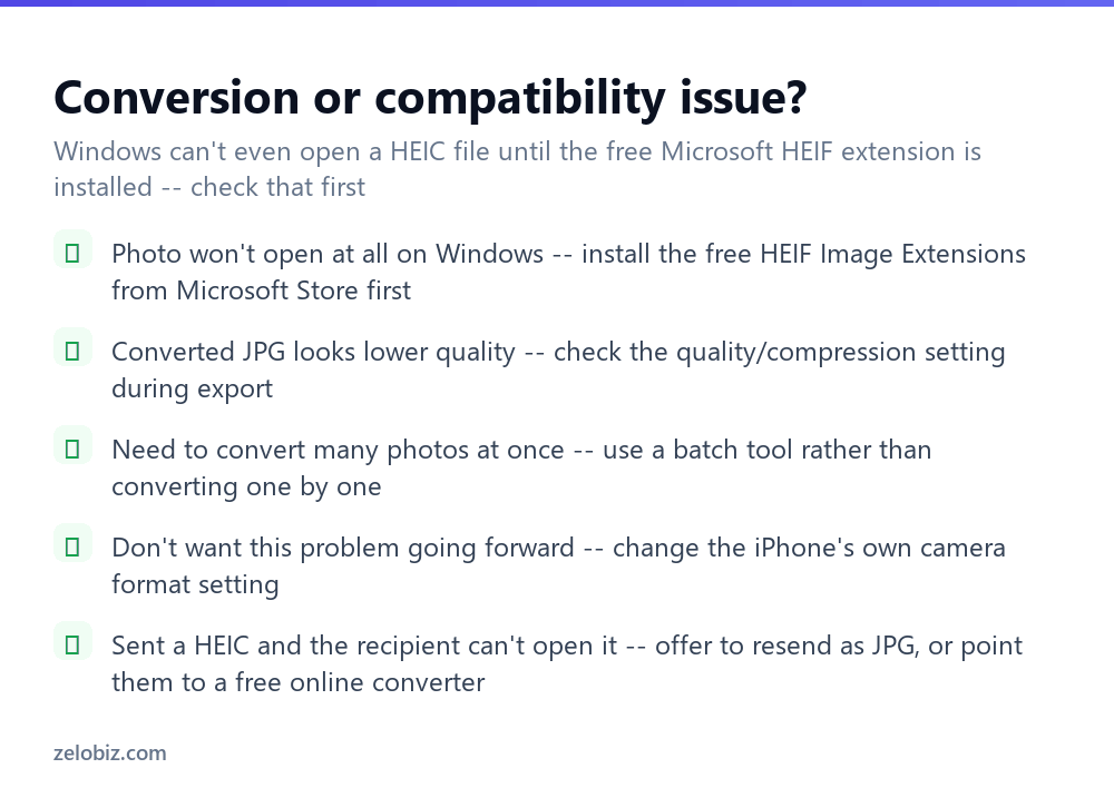 How to Convert HEIC to JPG (Mac, Windows, and iPhone Settings) 4 Checklist for fixing HEIC to JPG conversion and compatibility problems
