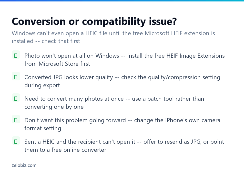 How to Convert HEIC to JPG (Mac, Windows, and iPhone Settings) 4 Checklist for fixing HEIC to JPG conversion and compatibility problems