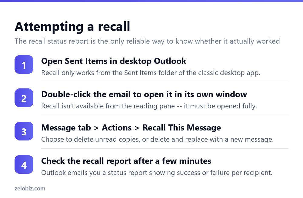 How to Recall an Email in Outlook (And When It Actually Works) 3 Steps to attempt recalling a sent email in Outlook