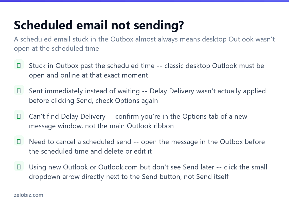 How to Schedule an Email in Outlook (Desktop and Web) 4 Checklist for fixing problems with scheduled emails in Outlook