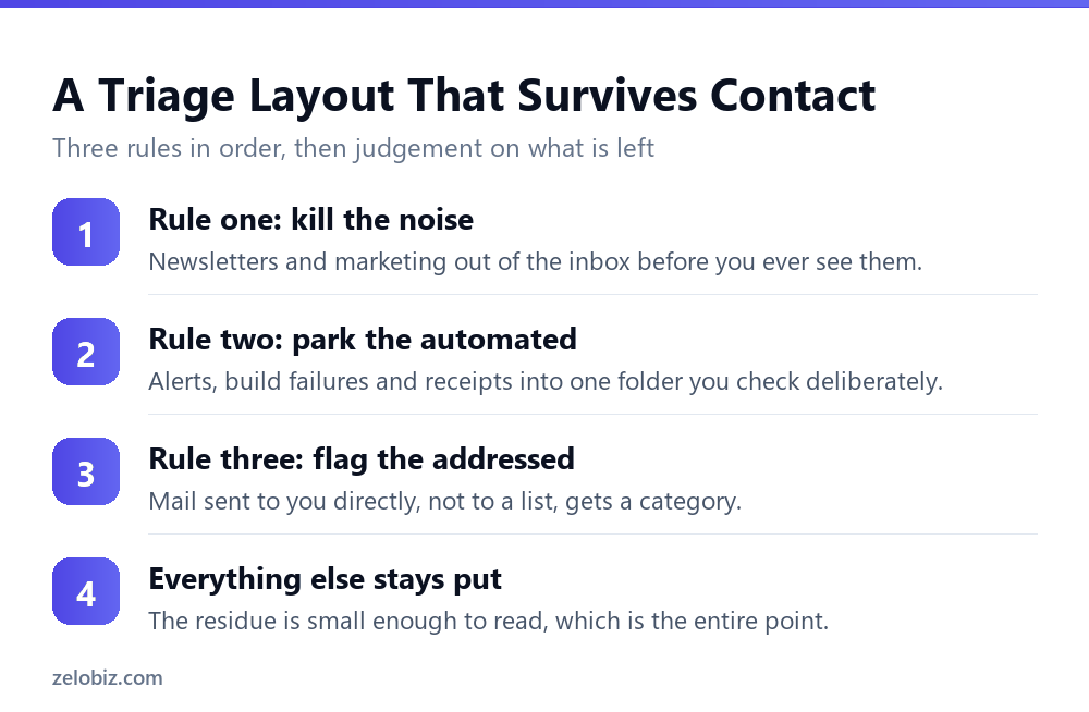 AI Email Triage in Outlook: When a Rule Beats Copilot 5 A four-step email triage layout using three Outlook rules