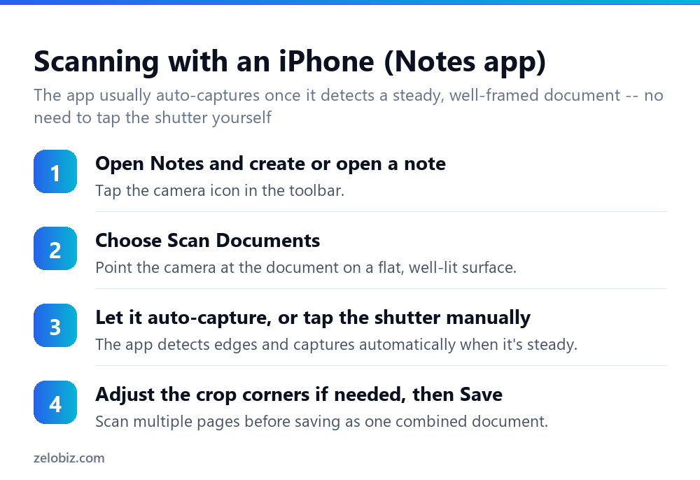 Steps to scan a document using the iPhone Notes app