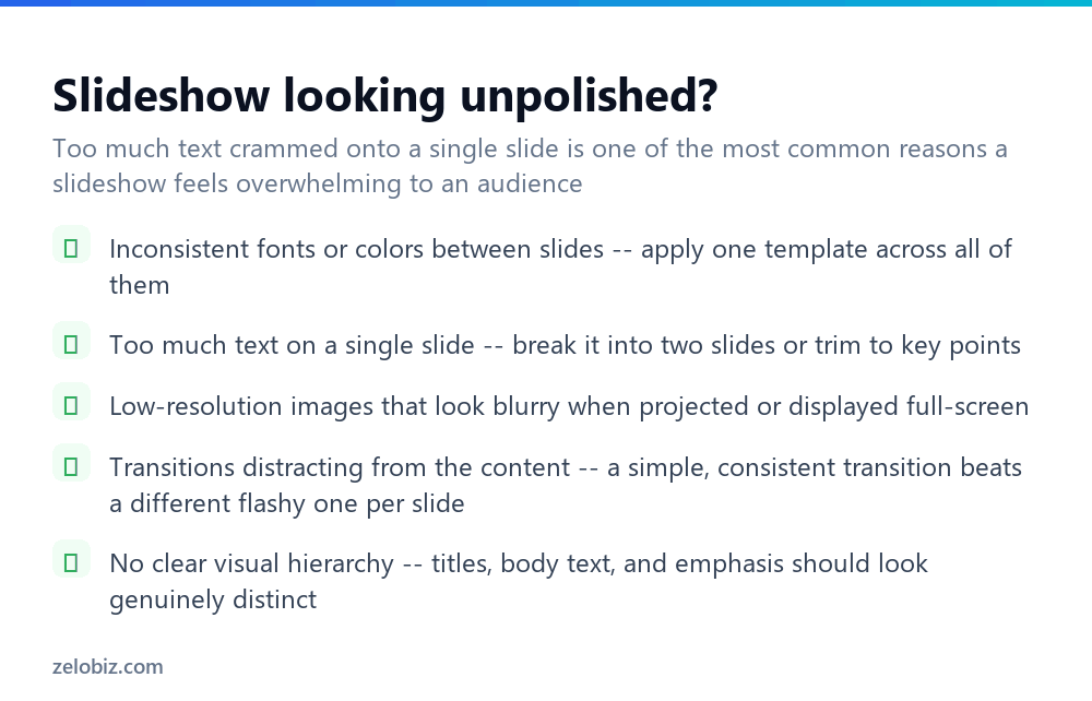 How to Make a Slideshow (Consistency Beats Fancy Transitions) 4 Checklist for fixing a slideshow that looks unpolished
