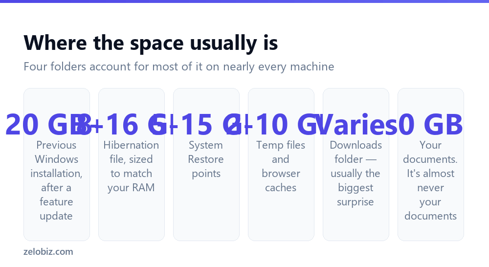 How to Free Up Disk Space on Windows (Find It Before You Delete) 2 The biggest consumers of disk space on Windows including previous installations and hibernation