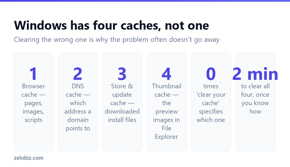 How to Clear Cache on Windows: All 4 Caches, Not Just the Browser 2 The four types of cache on Windows: browser, DNS, Store and thumbnail