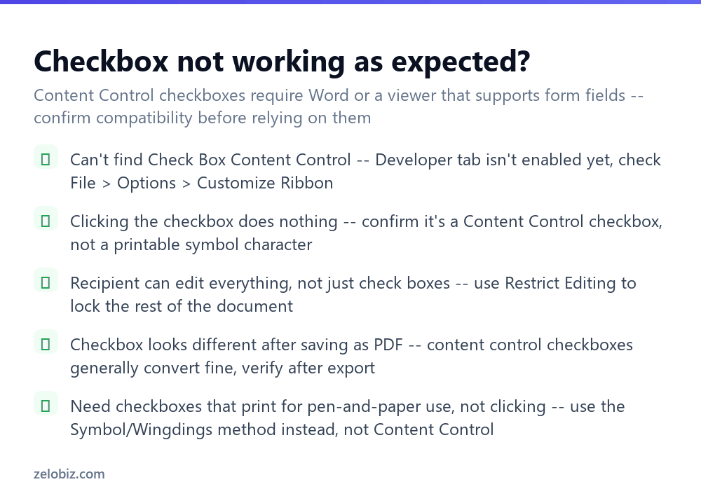 How to Insert a Checkbox in Word (Clickable or Printable) 4 Checklist for fixing checkbox problems in Word