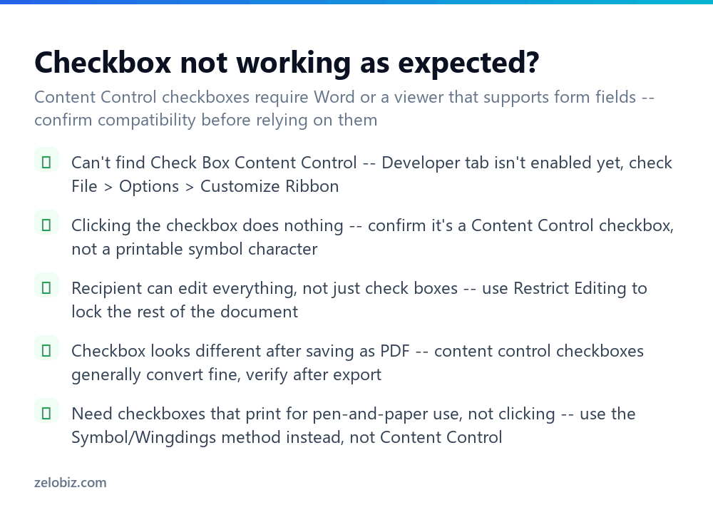 How to Insert a Checkbox in Word (Clickable or Printable) 4 Checklist for fixing checkbox problems in Word