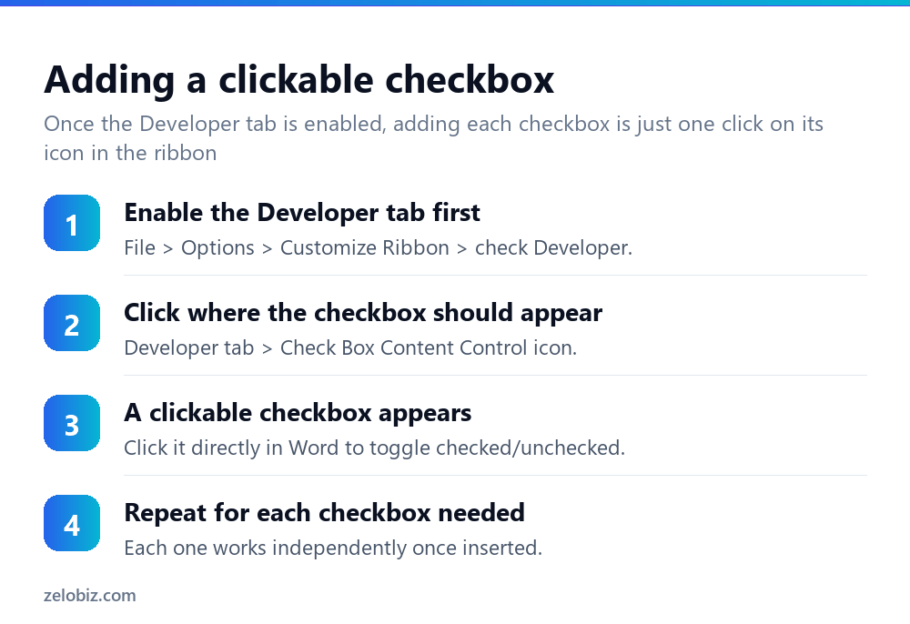 How to Insert a Checkbox in Word (Clickable or Printable) 3 Steps to insert a clickable checkbox in Word