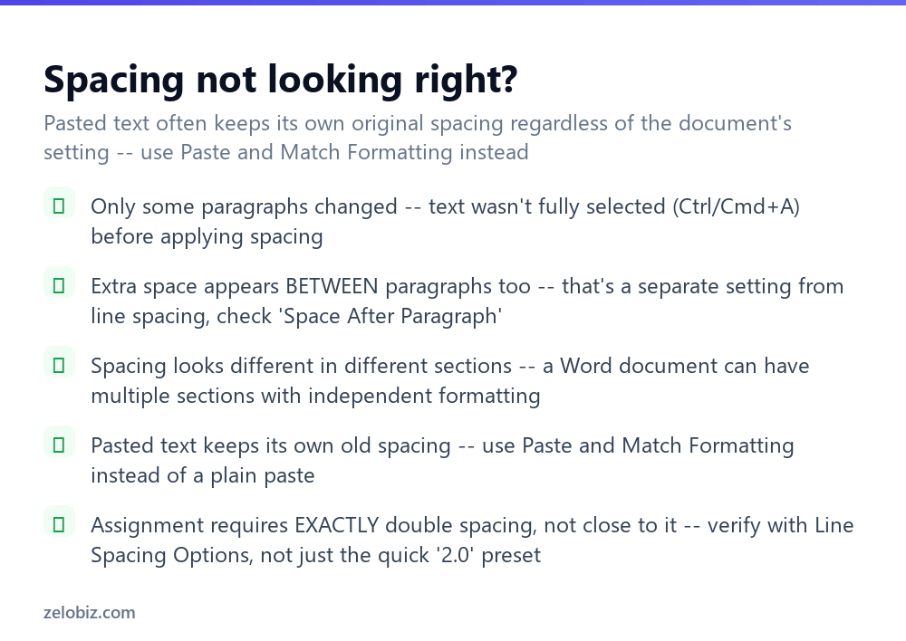 How to Double Space in Word (Whole Document or Part) 4 Checklist for fixing double spacing problems in Word