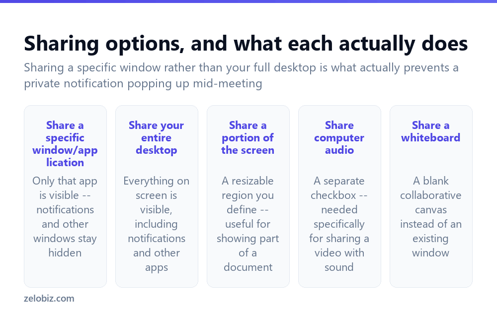 How to Share Screen on Zoom (And Choose the Right Option) 2 The screen sharing options in Zoom and what each one shows