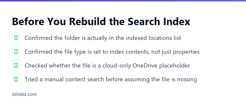 File Explorer Search: Why It Misses Files That Are Right There 5 Checklist for confirming why File Explorer search cannot find an existing file