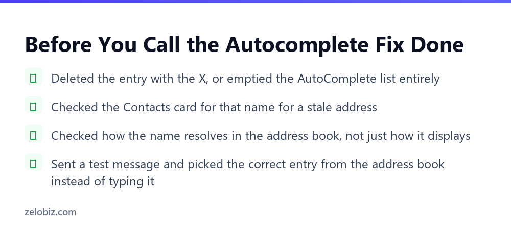 Outlook Autocomplete: Why the Wrong Address Keeps Coming Back 5 Checklist for confirming an Outlook autocomplete fix actually stuck