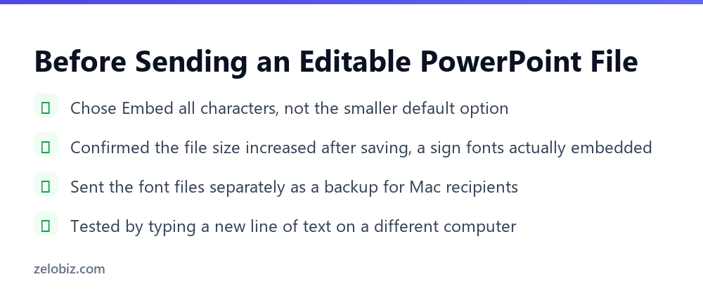 Checklist for sending an editable PowerPoint file with embedded fonts intact