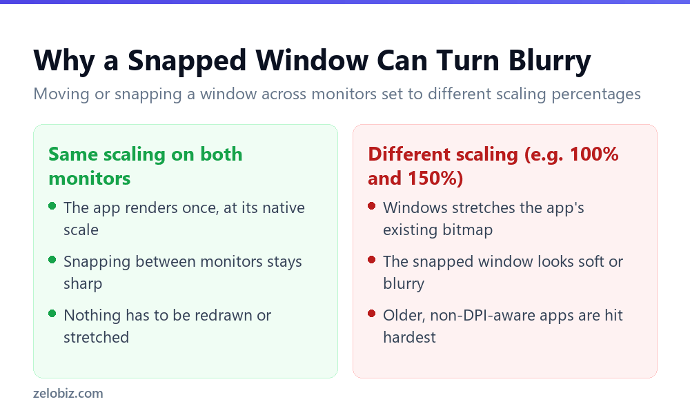 How to Split Screen on Windows: Shortcuts, Snap Layouts & Fixes 2 Why a window snapped or moved between two Windows monitors with different display scaling percentages can look blurry