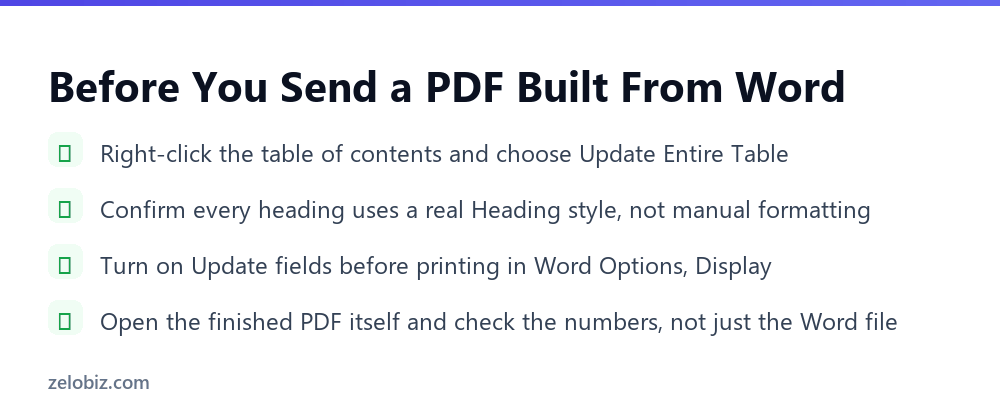Word Table of Contents: The Real Reason Your PDF Shows Old Numbers 5 Checklist for confirming a Word table of contents before sending the PDF