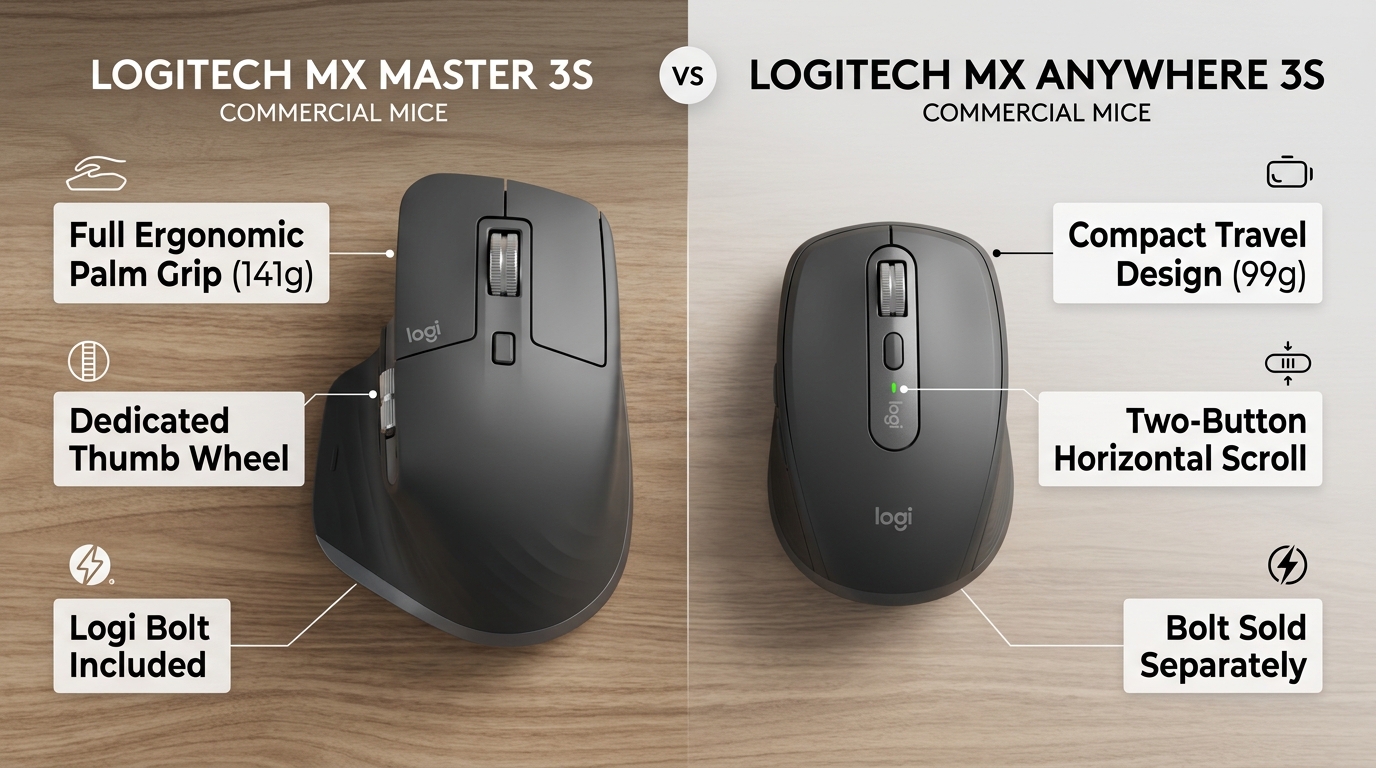 Logitech MX Master 3S vs MX Anywhere 3S Ergonomic and Travel Mouse Comparison Infographic