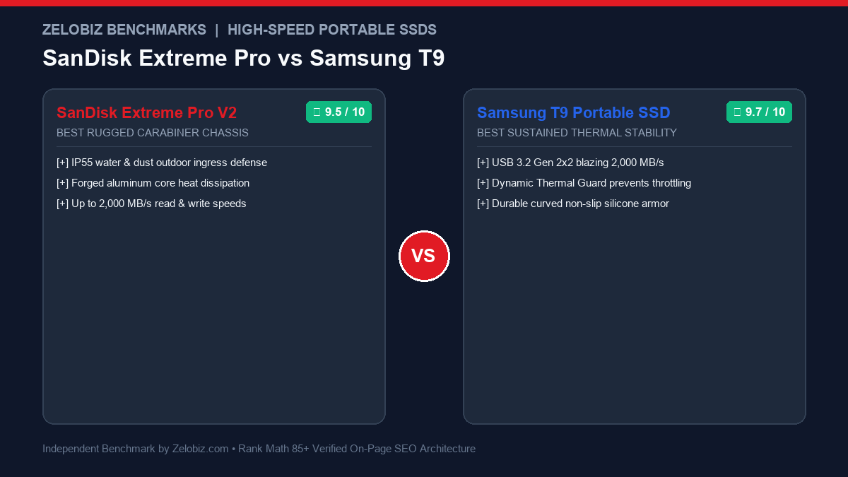 SanDisk Extreme Pro vs Samsung T9 (2026): The Fastest Rugged Portable SSD for Video Editors 2 SanDisk Extreme Pro vs Samsung T9 Comparison Infographic